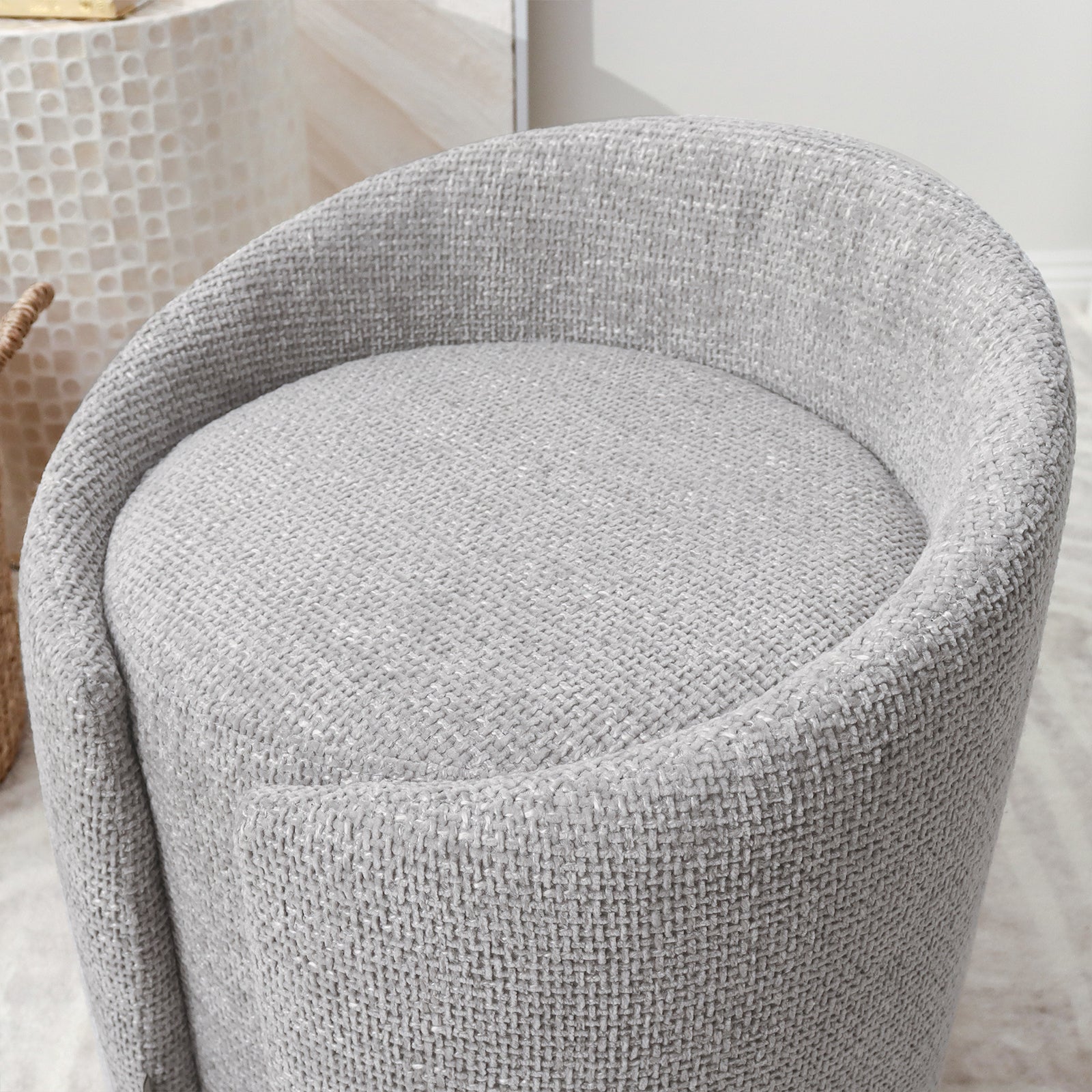 Close-up of the Emiken Chenille Ottoman Stool in Warm Grey, showcasing its soft chenille fabric and elegant curved design. Ideal as a vanity chair or comfy ottoman, with solid wood frame and plush padding.