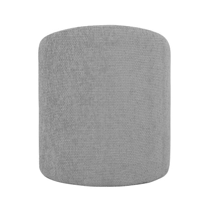 Emiken Chenille Ottoman Stool Warm Grey: A stylish, cylindrical stool covered in soft chenille fabric, showcasing a contemporary curved design. Perfect as a vanity chair or extra seating with durable wood frame support.