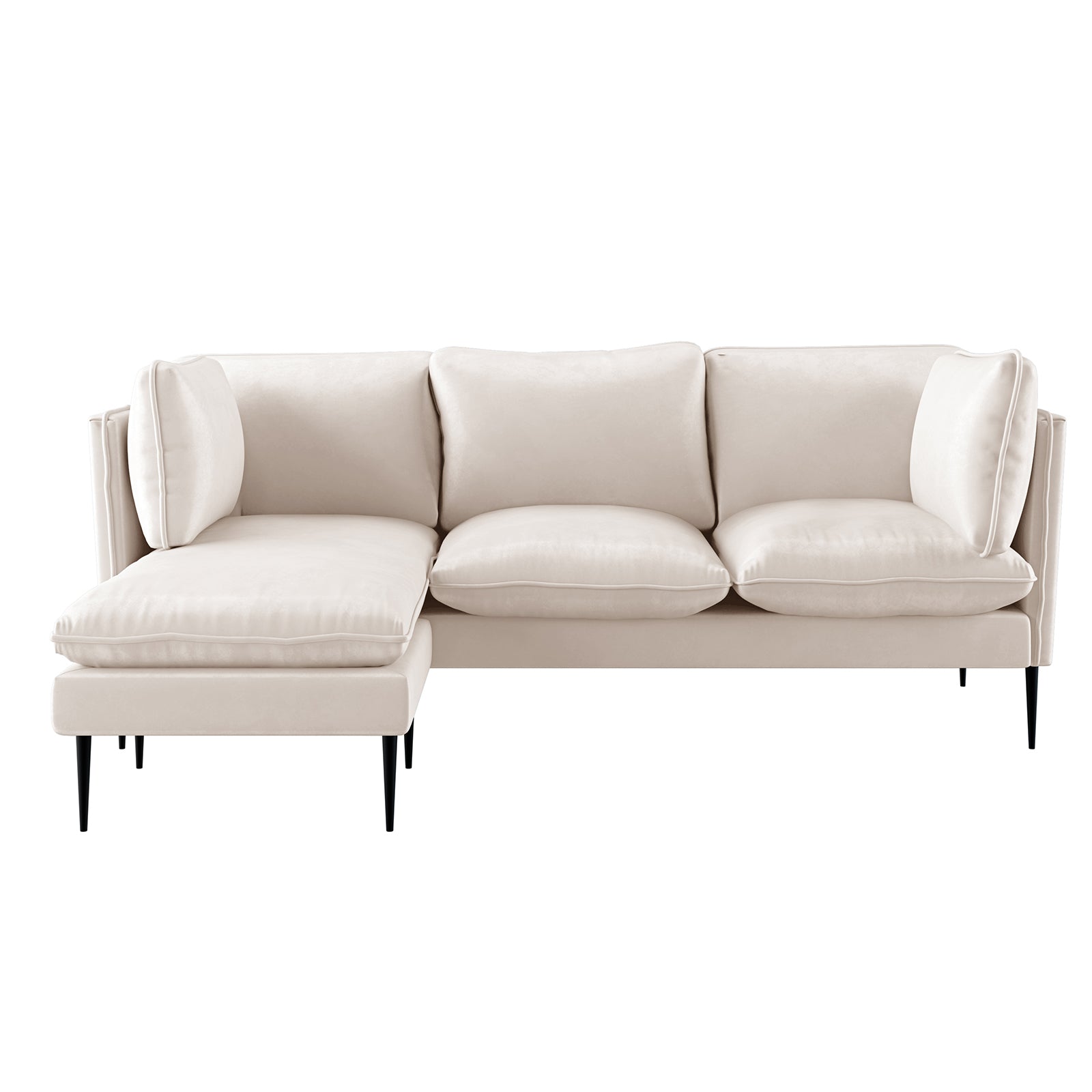 Erling 3 Seater Velvet Sofa with Chaise, showcasing its plush velvet upholstery, movable chaise, and sleek steel legs, emphasizing its luxurious and versatile design for modern living spaces.