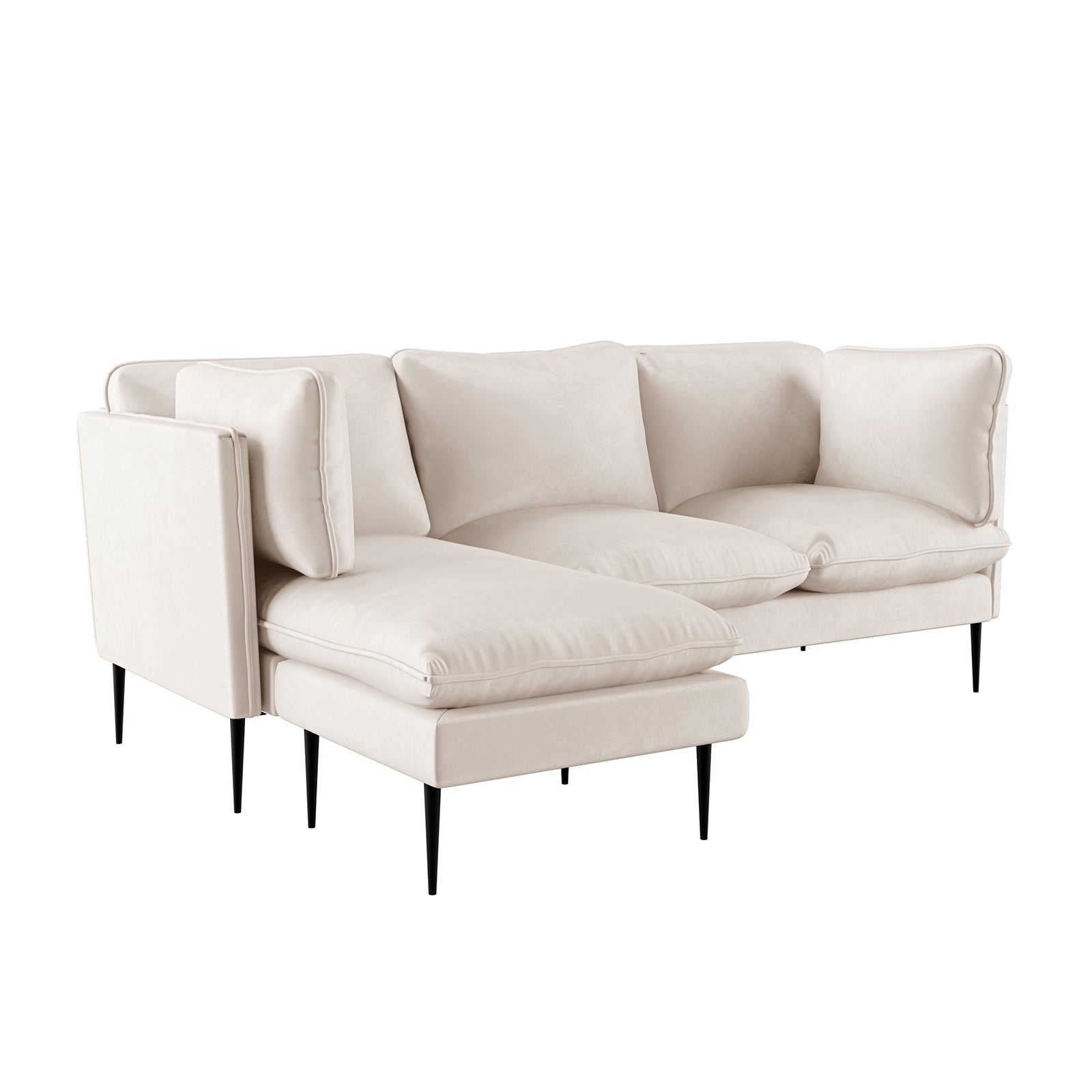 Erling 3 Seater Velvet Sofa with Chaise features a plush, velvet surface and sleek, steel legs. The close-up highlights its luxurious texture and sturdy design elements.