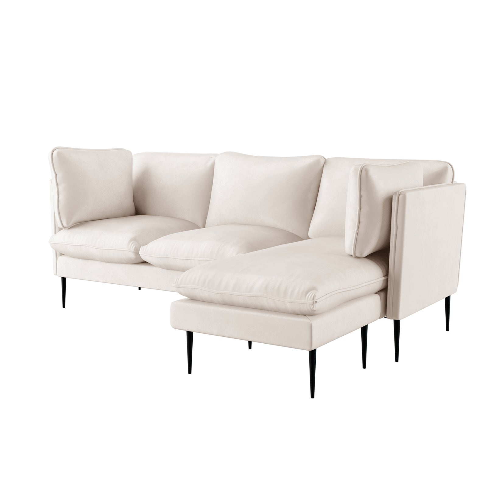 Erling 3 Seater Velvet Sofa with Chaise – Cream; close-up shows plush velvet upholstery, smooth cushions, and sleek steel legs, highlighting modern design and comfort for a sophisticated living room upgrade.