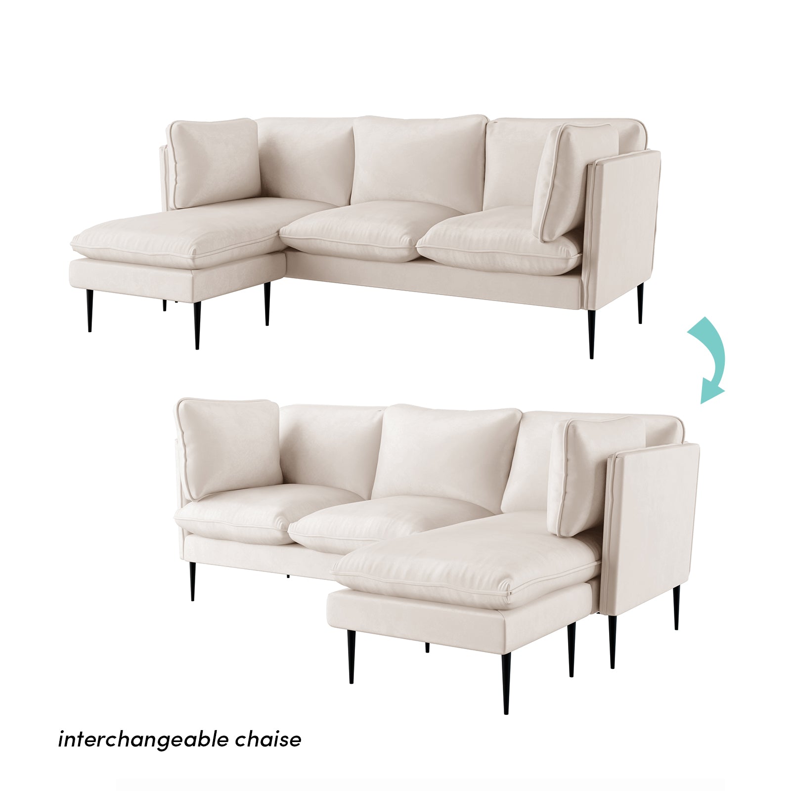 Erling 3 Seater Velvet Sofa with Chaise in a studio setting, highlighting plush foam cushions and sleek armrest, showcasing the sofa's luxurious design and modern appeal.