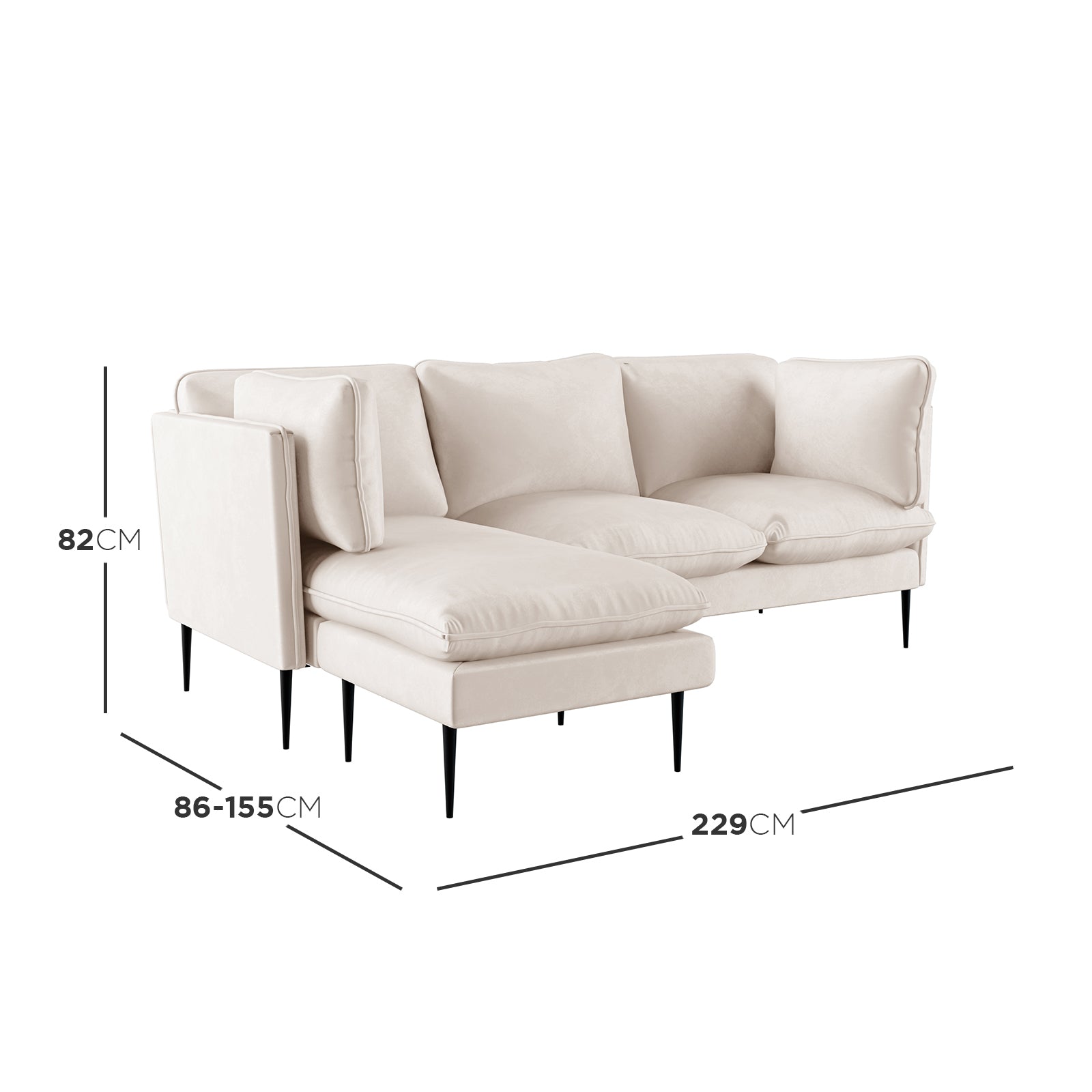 Erling 3 Seater Velvet Sofa with Chaise in a studio setting, showcasing its plush velvet upholstery and sleek design, emphasizing the movable chaise and sturdy steel legs for versatile, stylish seating.