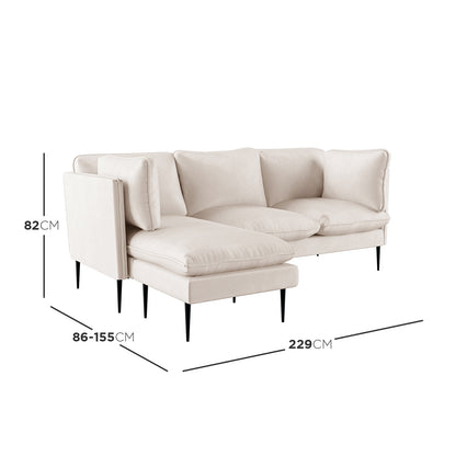 Erling 3 Seater Velvet Sofa with Chaise in a studio setting, showcasing its plush velvet upholstery and sleek design, emphasizing the movable chaise and sturdy steel legs for versatile, stylish seating.