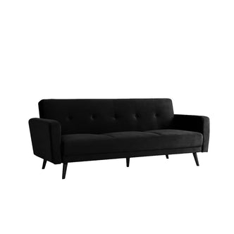 Esben 3-Seater Velvet Sofa Bed - Black, showcasing a sleek design with rolled arms and wooden legs, features button detailing on its smooth velvet upholstery, ideal for modern or Scandinavian-style homes.