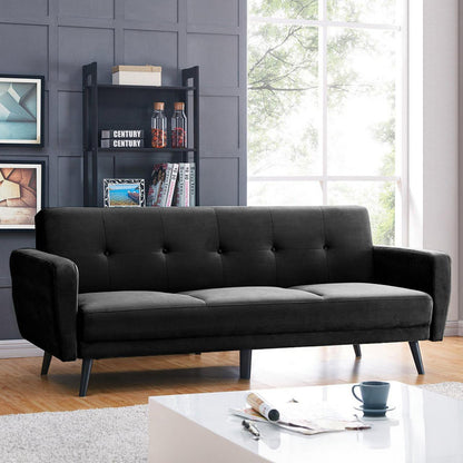 Esben 3-Seater Velvet Sofa Bed - Black in a stylish room setting, showcasing its plush velvet upholstery, rolled arms, and wooden legs, highlighting its transformative design from sofa to bed. Perfect for modern interiors.