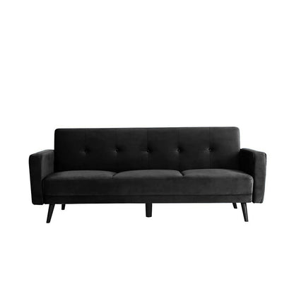 Esben 3-Seater Velvet Sofa Bed - Black, featuring sleek rolled arms, sturdy wooden legs, and a modern design, ideal for contemporary and Scandinavian interiors, offering versatility and comfort with its convertible bed function.