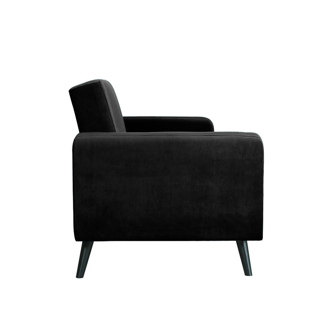 Esben 3-Seater Velvet Sofa Bed - Black, showcasing its elegant velvet texture, rolled armrests, and sturdy wooden legs, highlighting its modern and sleek design for versatile home placement.