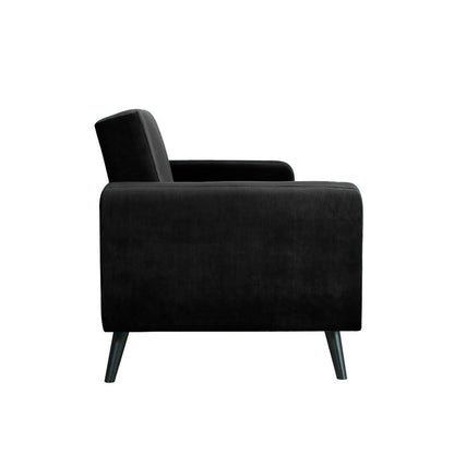 Esben 3-Seater Velvet Sofa Bed - Black, showcasing its elegant velvet texture, rolled armrests, and sturdy wooden legs, highlighting its modern and sleek design for versatile home placement.