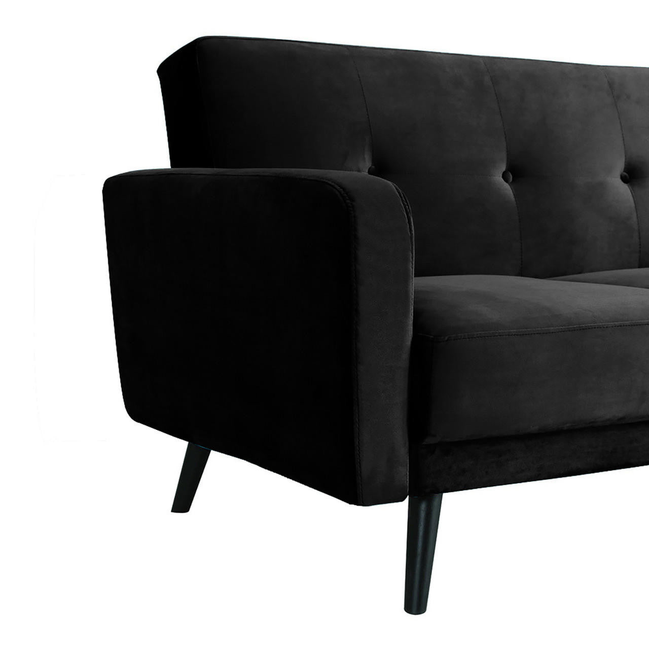 Esben 3-Seater Velvet Sofa Bed - Black, highlighting its sleek design, plush 16cm cushions, rolled armrests, and wooden legs, emphasizing its elegant and sturdy appearance.