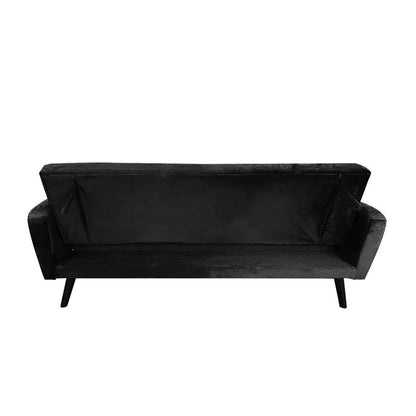 Esben 3-Seater Velvet Sofa Bed - Black featuring a sleek design with rolled arms and sturdy wooden legs. This convertible sofa showcases luxurious velvet upholstery, ideal for modern and Scandinavian-style homes.