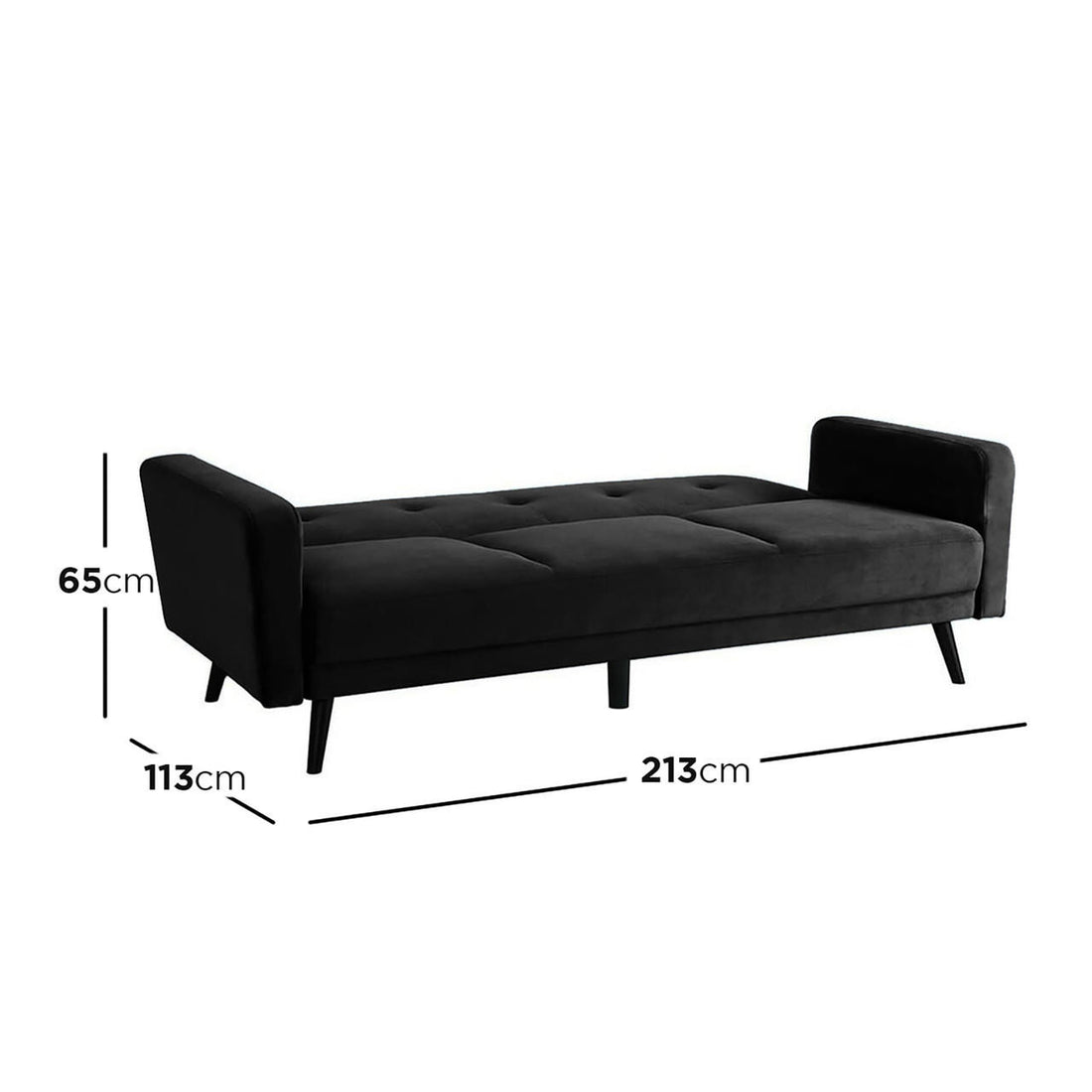Esben 3-Seater Velvet Sofa Bed - Black with sleek design, rolled arms, and wooden legs. Features soft velvet upholstery and thick cushions, showcasing elegance and comfort in a modern style.