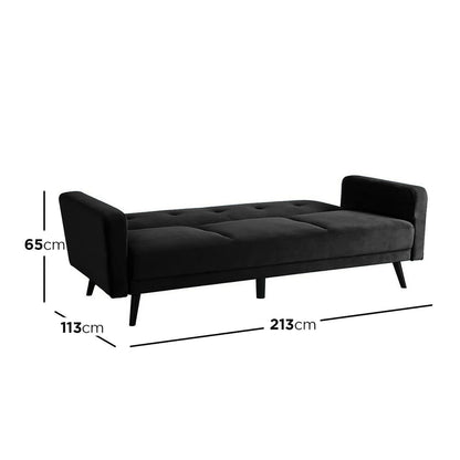 Esben 3-Seater Velvet Sofa Bed - Black with sleek design, rolled arms, and wooden legs. Features soft velvet upholstery and thick cushions, showcasing elegance and comfort in a modern style.