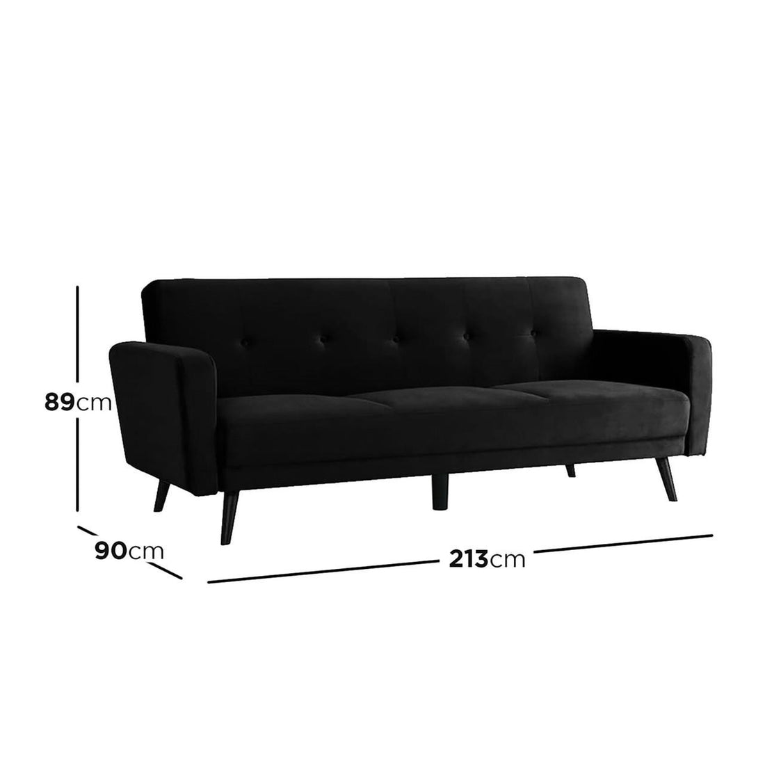 Esben 3-Seater Velvet Sofa Bed - Black, showcasing its sleek design with rolled arms, wooden legs, and plush cushions. Measurements displayed highlight its spaciousness and functional transformation into a bed.
