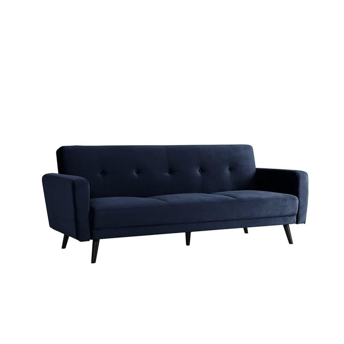 Esben 3-Seater Velvet Sofa Bed – Navy Blue, showcasing plush velvet upholstery, rolled arms, and wooden legs, designed for modern aesthetics and functionality, effortlessly transforming into a comfortable bed.
