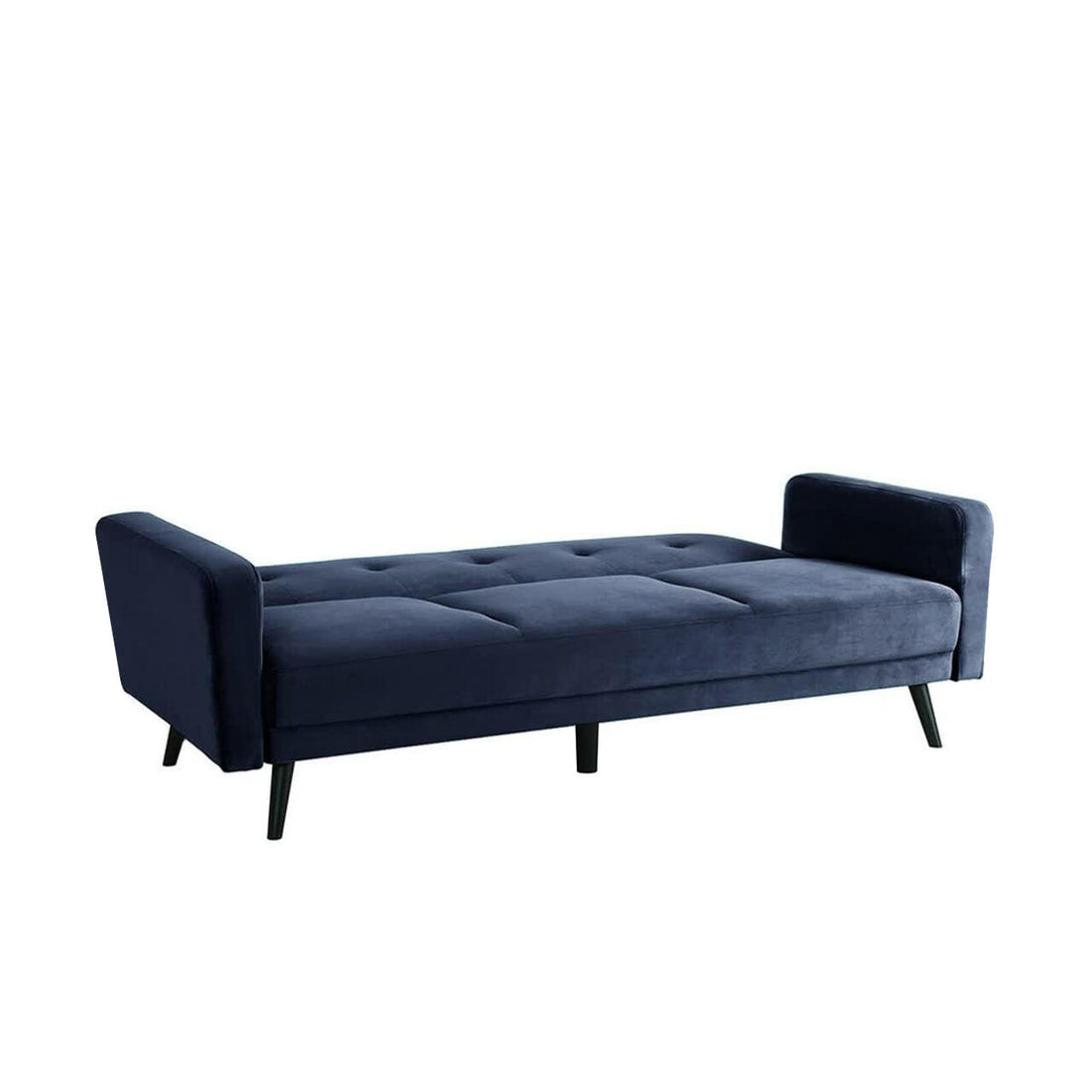Esben 3-Seater Velvet Sofa Bed - Navy Blue, showcasing sleek rolled arms, soft velvet upholstery, black wooden legs, and a spacious design, ideal for modern and Scandinavian-style interiors.