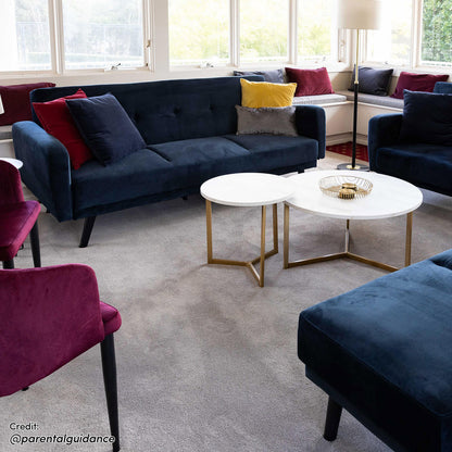 Esben 3-Seater Velvet Sofa Bed - Navy Blue, showcasing plush velvet upholstery, rolled arms, and sturdy wooden legs, designed for comfort and modern elegance.