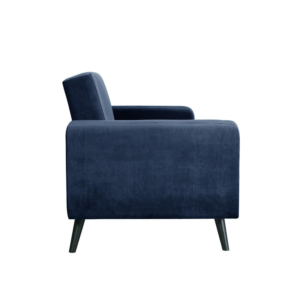 Esben 3-Seater Velvet Sofa Bed - Navy Blue, showcasing close-ups of its plush velvet seat, armrests, and sturdy wood frame, ideal for modern and Scandinavian-style homes.