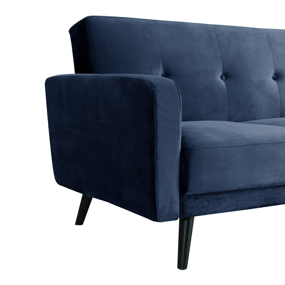 Esben 3-Seater Velvet Sofa Bed – Navy Blue, featuring soft velvet upholstery, visible rolled arms, and solid wooden legs, in a sleek design suitable for modern and Scandinavian-style homes.