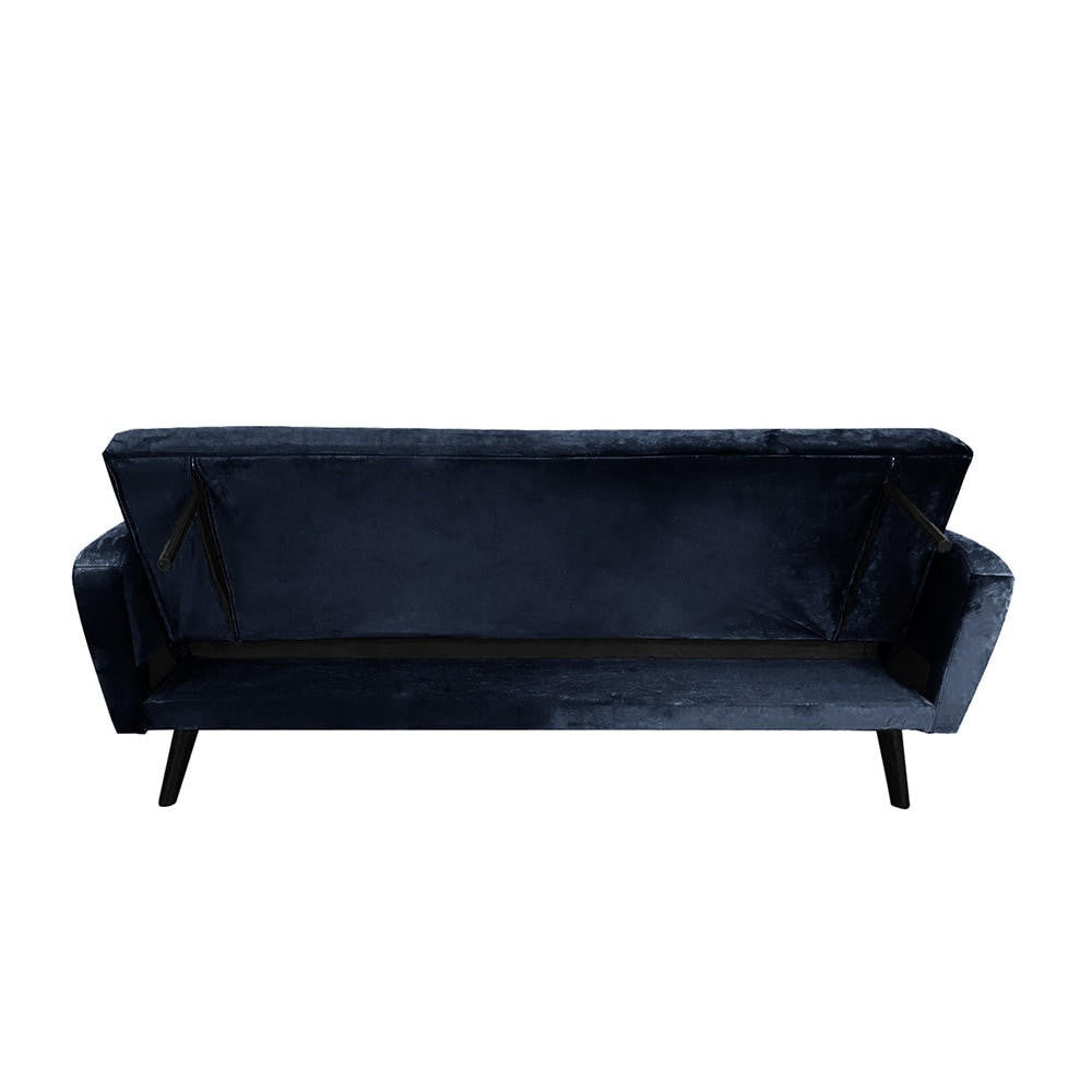 Esben 3-Seater Velvet Sofa Bed in Navy Blue, showcasing plush velvet upholstery, rolled arms, and sturdy wooden legs, ideal for modern and Scandinavian-style interiors.
