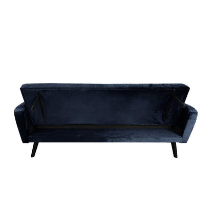 Esben 3-Seater Velvet Sofa Bed in Navy Blue, showcasing plush velvet upholstery, rolled arms, and sturdy wooden legs, ideal for modern and Scandinavian-style interiors.