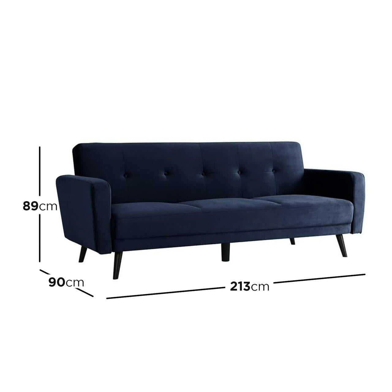 Esben 3-Seater Velvet Sofa Bed in Navy Blue, showcasing plush velvet upholstery, rolled arms, and sturdy wooden legs, ideal for modern and Scandinavian-style interiors.