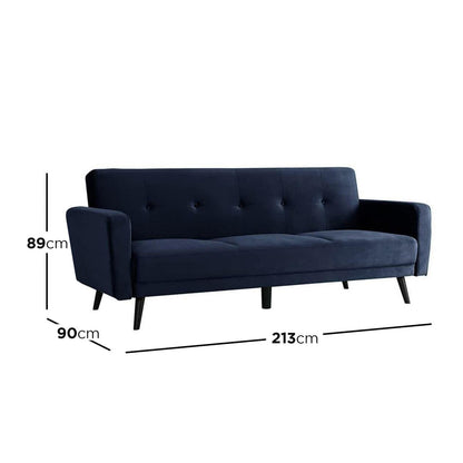 Esben 3-Seater Velvet Sofa Bed in Navy Blue, showcasing plush velvet upholstery, rolled arms, and sturdy wooden legs, ideal for modern and Scandinavian-style interiors.