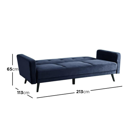 Close-up of Esben 3-Seater Velvet Sofa Bed - Navy Blue, featuring soft velvet fabric, wooden legs, and rolled arms, designed for transforming into a comfortable bed, blending elegance and functionality.