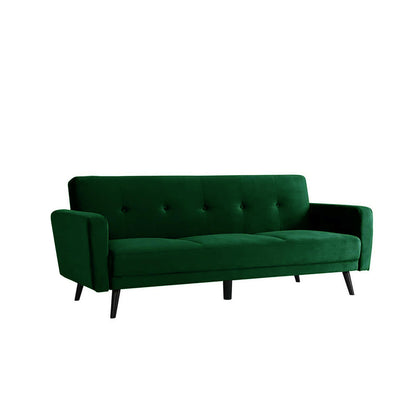 Esben 3-Seater Velvet Sofa Bed Dark Forest Green with black legs, featuring a sleek, modern design. This versatile sofa converts into a bed, perfect for contemporary living spaces.