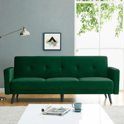 Esben 3 Seater Velvet Sofa Bed in a room, showcasing its plush velvet fabric and solid wooden legs, embodying Scandinavian and contemporary design.