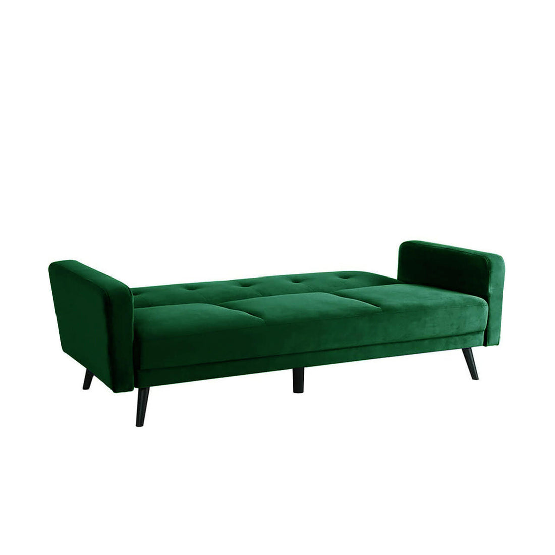Esben 3 Seater Velvet Sofa Bed Dark Forest Green, showcasing a close-up of its plush velvet fabric and sturdy black legs, highlighting its elegant design and functional transformation capabilities.