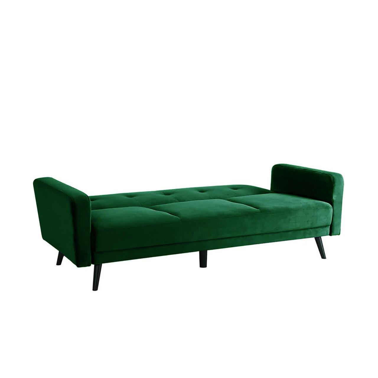 Esben 3 Seater Velvet Sofa Bed Dark Forest Green, showcasing a close-up of its plush velvet fabric and sturdy black legs, highlighting its elegant design and functional transformation capabilities.