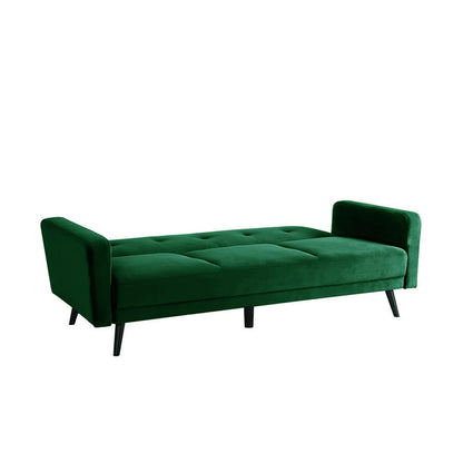 Esben 3 Seater Velvet Sofa Bed Dark Forest Green, showcasing a close-up of its plush velvet fabric and sturdy black legs, highlighting its elegant design and functional transformation capabilities.