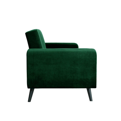 Esben 3 Seater Velvet Sofa Bed in Dark Forest Green, highlighting its plush armrest and sleek design, showcasing the luxurious velvet texture and sturdy wooden framework.