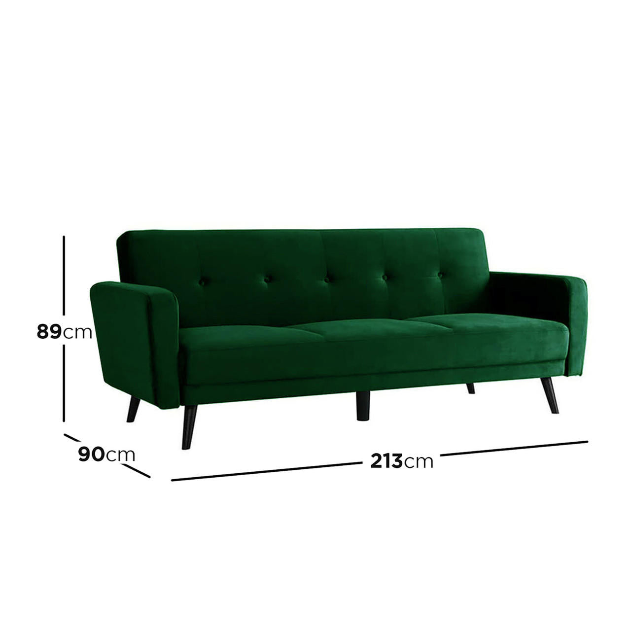  Esben 3 Seater Velvet Sofa Bed in Dark Forest Green, showcasing its sleek black legs and plush cushions, embodying a blend of Scandinavian and contemporary design.