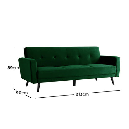 Esben 3 Seater Velvet Sofa Bed in Dark Forest Green, showcasing its sleek black legs and plush cushions, embodying a blend of Scandinavian and contemporary design.