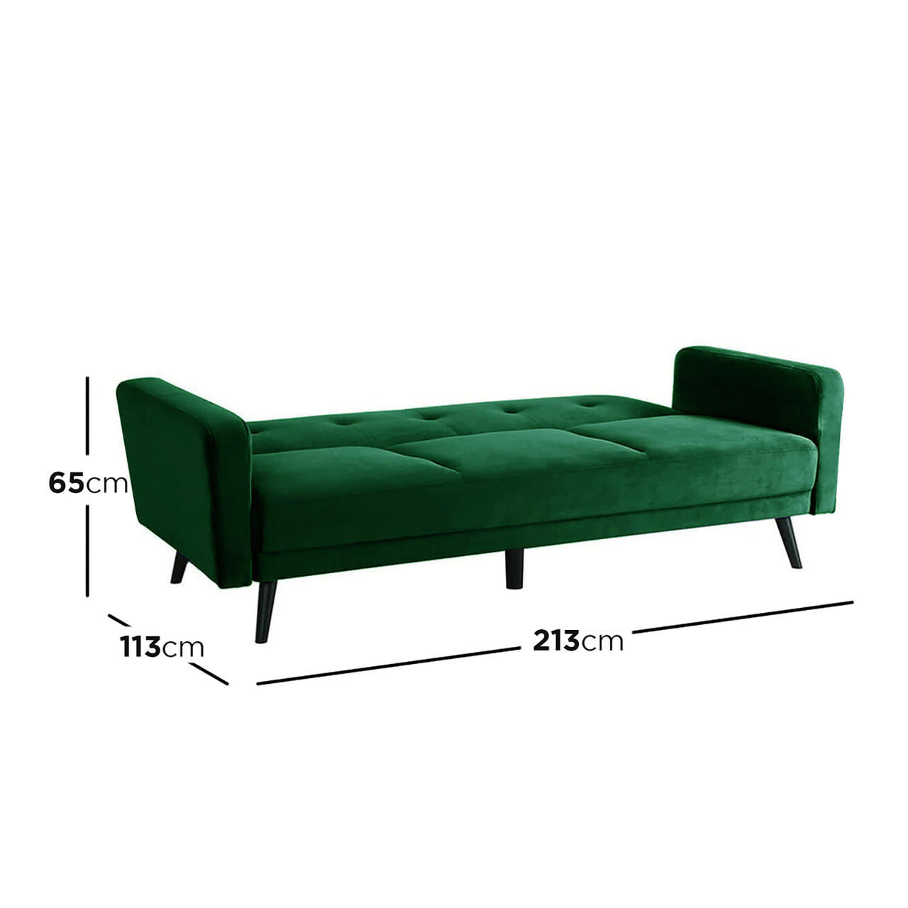 Esben 3 Seater Velvet Sofa Bed in Dark Forest Green, featuring a plush velvet surface, sleek black legs, and a versatile design that transforms from a stylish sofa to a spacious bed.