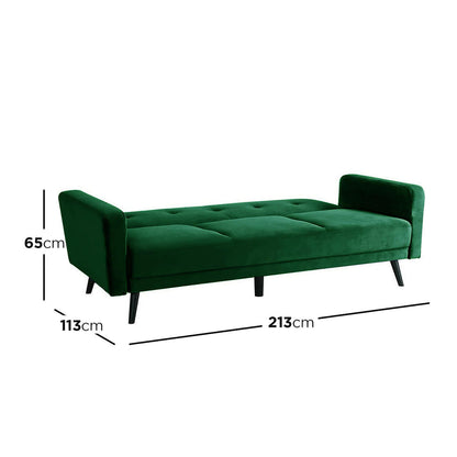 Esben 3 Seater Velvet Sofa Bed in Dark Forest Green, featuring a plush velvet surface, sleek black legs, and a versatile design that transforms from a stylish sofa to a spacious bed.