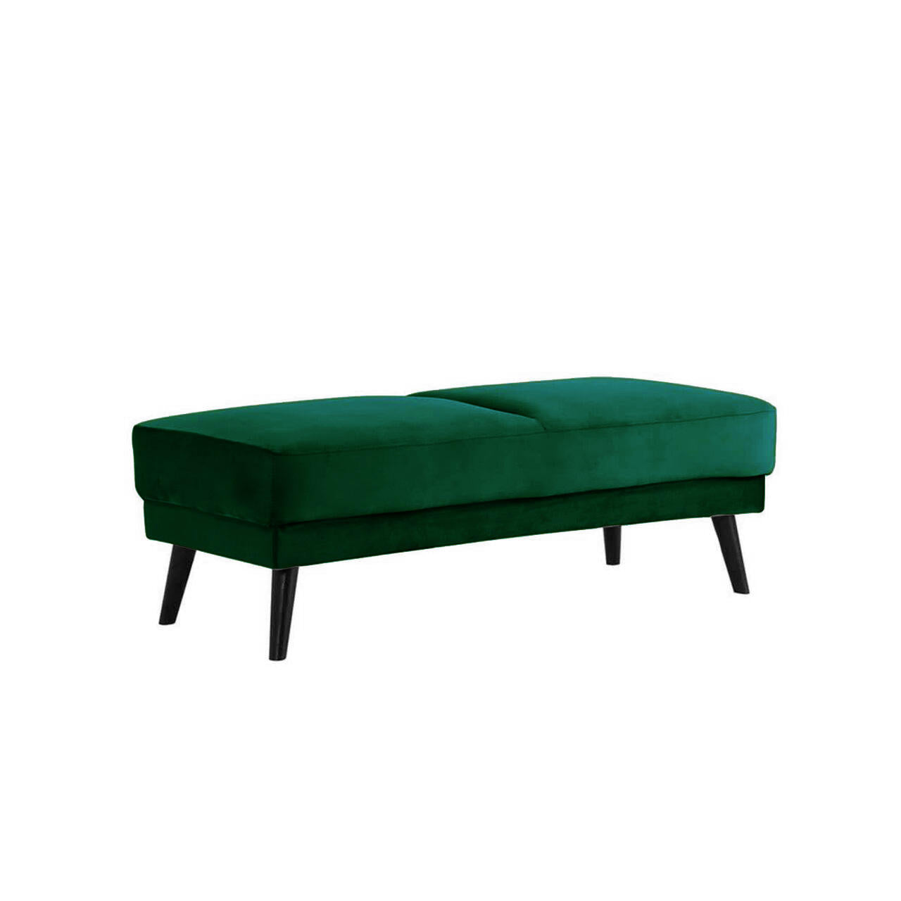 Esben Velvet Fabric Ottoman in Forest Green, featuring a deep emerald-green velvet upholstery, subtly divided cushion top, and black splayed wooden legs, showcasing a modern, tailored design perfect for versatile home use.
