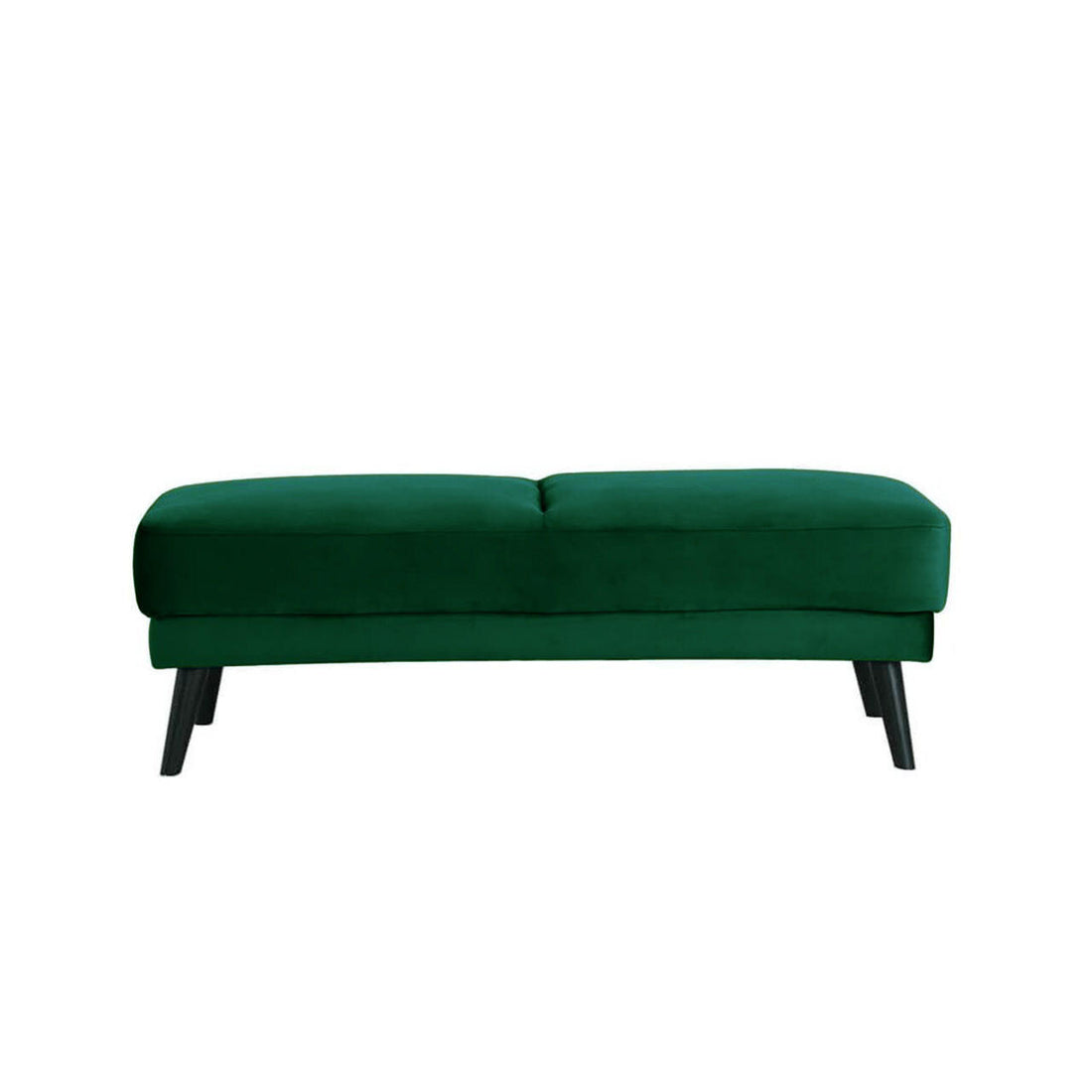 Esben Velvet Fabric Ottoman in Forest Green, featuring a low-profile, tufted cushion top and angled dark wood legs, embodies Scandinavian style, offering luxurious seating or footrest options.