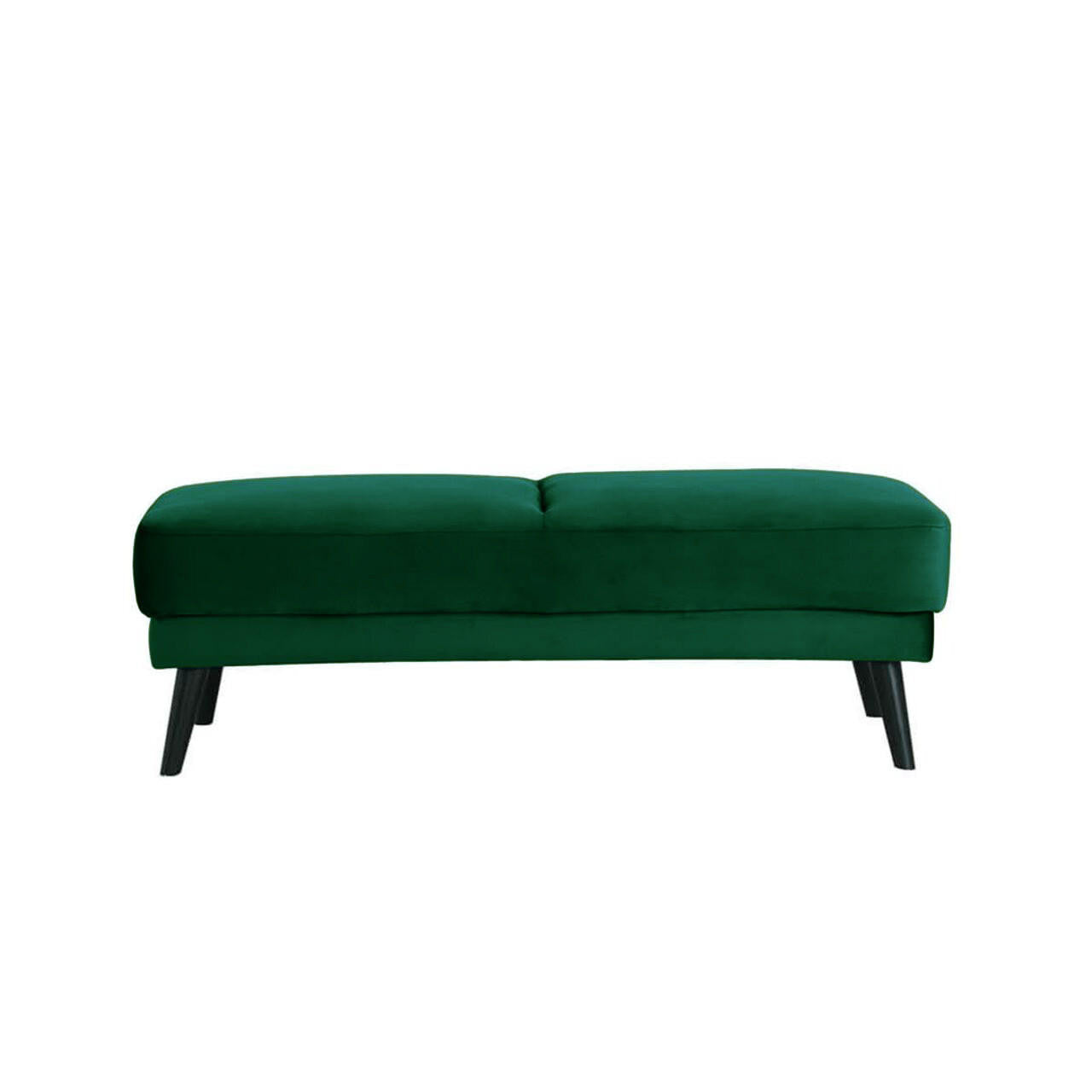 Esben Velvet Fabric Ottoman in Forest Green, featuring a low-profile, tufted cushion top and angled dark wood legs, embodies Scandinavian style, offering luxurious seating or footrest options.