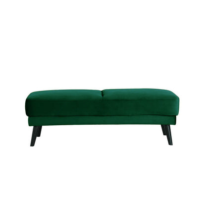 Esben Velvet Fabric Ottoman in Forest Green, featuring a low-profile, tufted cushion top and angled dark wood legs, embodies Scandinavian style, offering luxurious seating or footrest options.