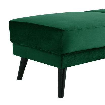 Esben Velvet Fabric Ottoman in Forest Green, featuring a rectangular design with deep emerald-green upholstery, rests on sleek black tapered legs, offering a luxurious and contemporary touch to any living space.