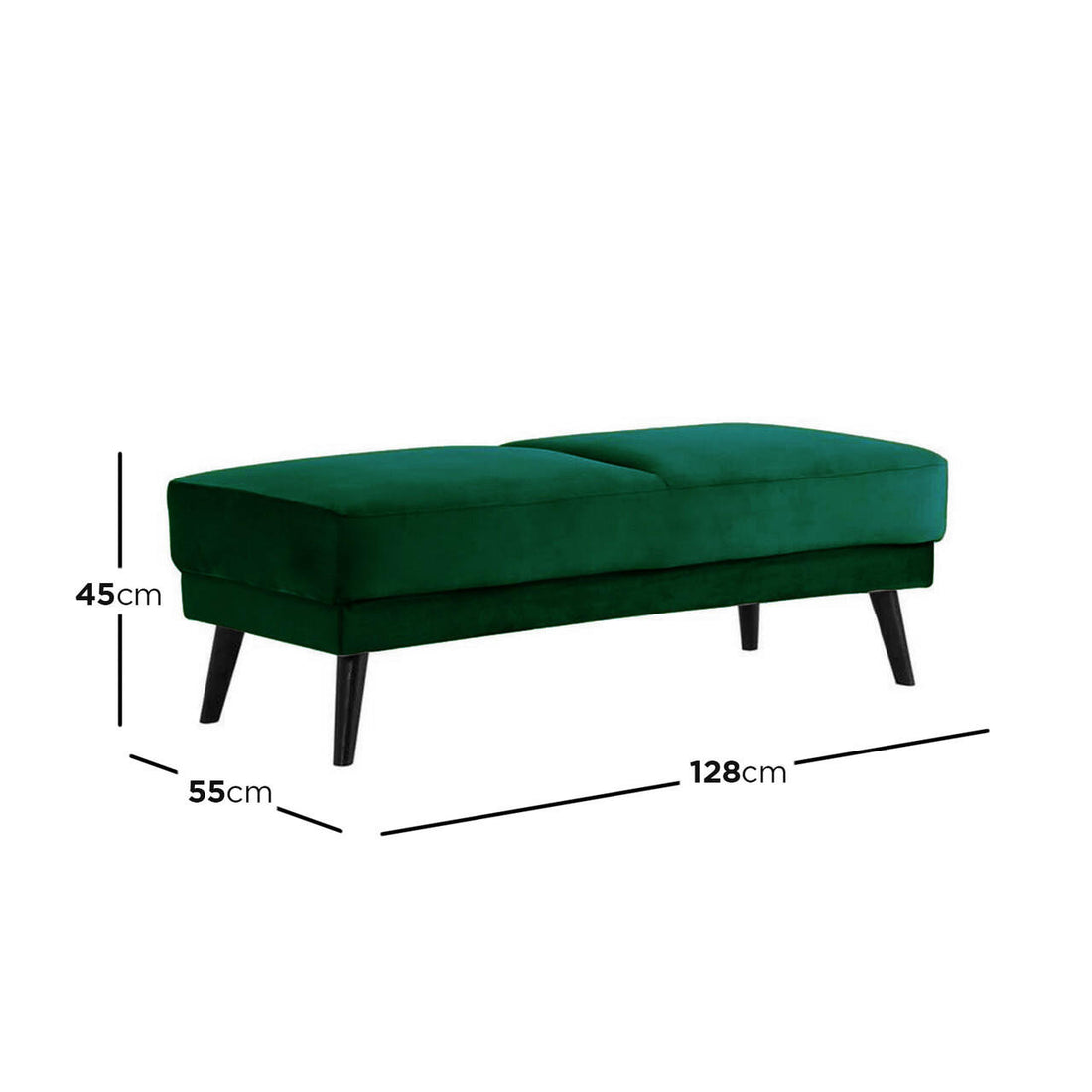 Esben Velvet Fabric Ottoman in Forest Green with a plush, rectangular seat on four splayed black wooden legs, measuring 55 cm by 128 cm by 45 cm, offering versatile seating and style.