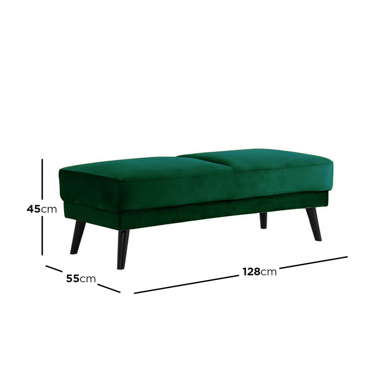 Esben Velvet Fabric Ottoman in Forest Green with a plush, rectangular seat on four splayed black wooden legs, measuring 55 cm by 128 cm by 45 cm, offering versatile seating and style.