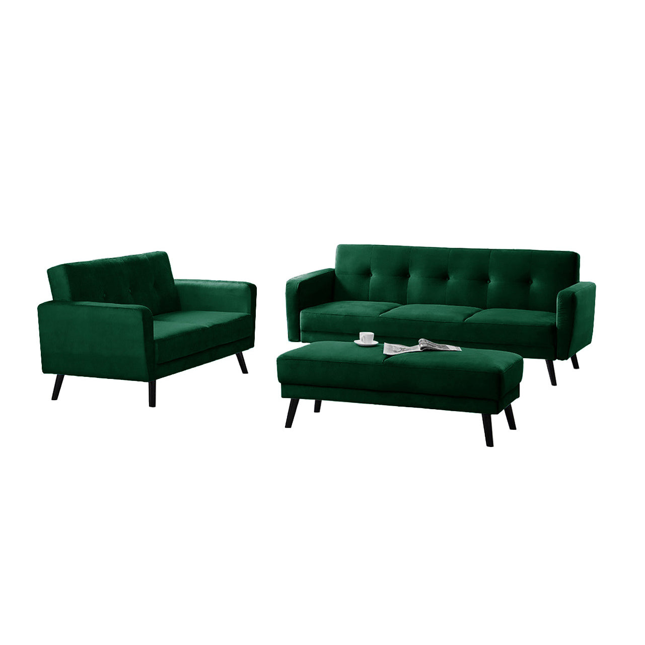 Esben 6-Seater Velvet Sofa Bed Set w/ Ottoman Dark Forest Green, featuring a sleek design with black legs, shown with a newspaper and a coffee cup placed on the couch.