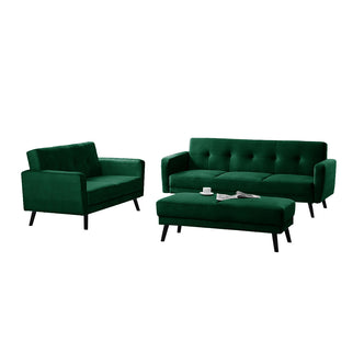 Esben 6-Seater Velvet Sofa Bed Set w/ Ottoman Dark Forest Green, featuring a sleek design with black legs, shown with a newspaper and a coffee cup placed on the couch.