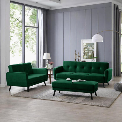 Esben 6-Seater Velvet Sofa Bed Set w/ Ottoman Dark Forest Green, showcasing its plush design with wooden legs, integrated in a stylish room setting, highlighting its multi-functional sofa bed capability.