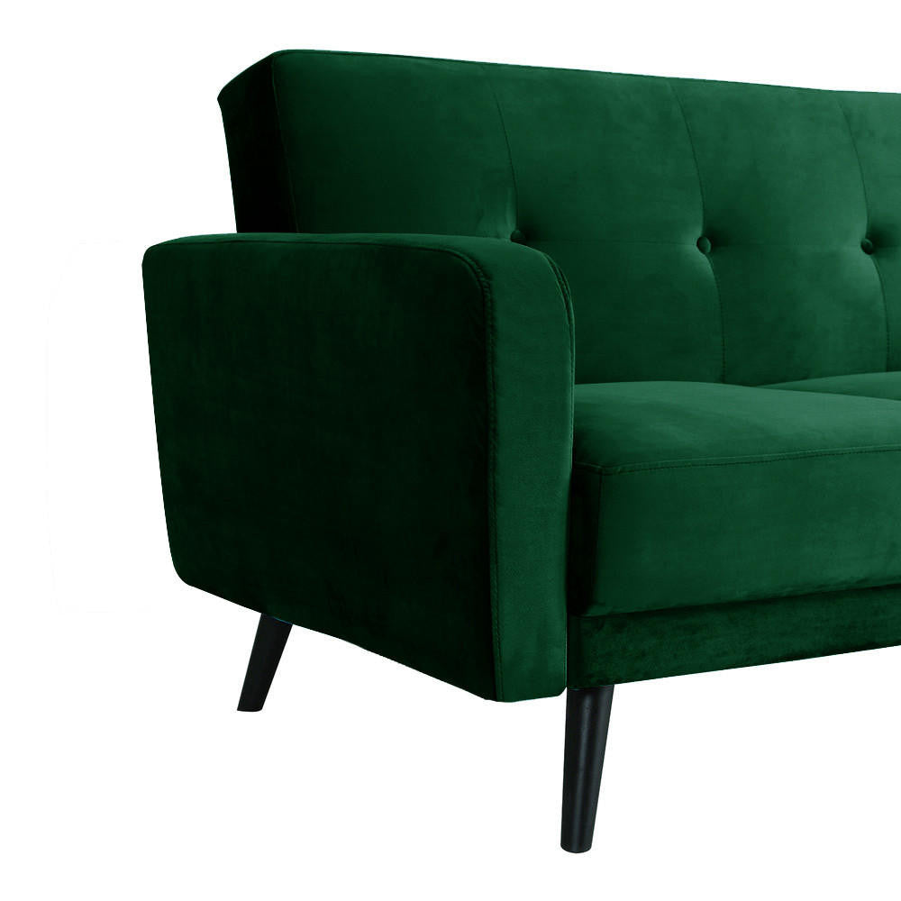 Corner view of the Esben 2-Seater Velvet Sofa Bed in Forest Green, showcasing its tufted back cushion, left armrest, and slim, tapered black leg, embodying mid-century elegance and practicality.