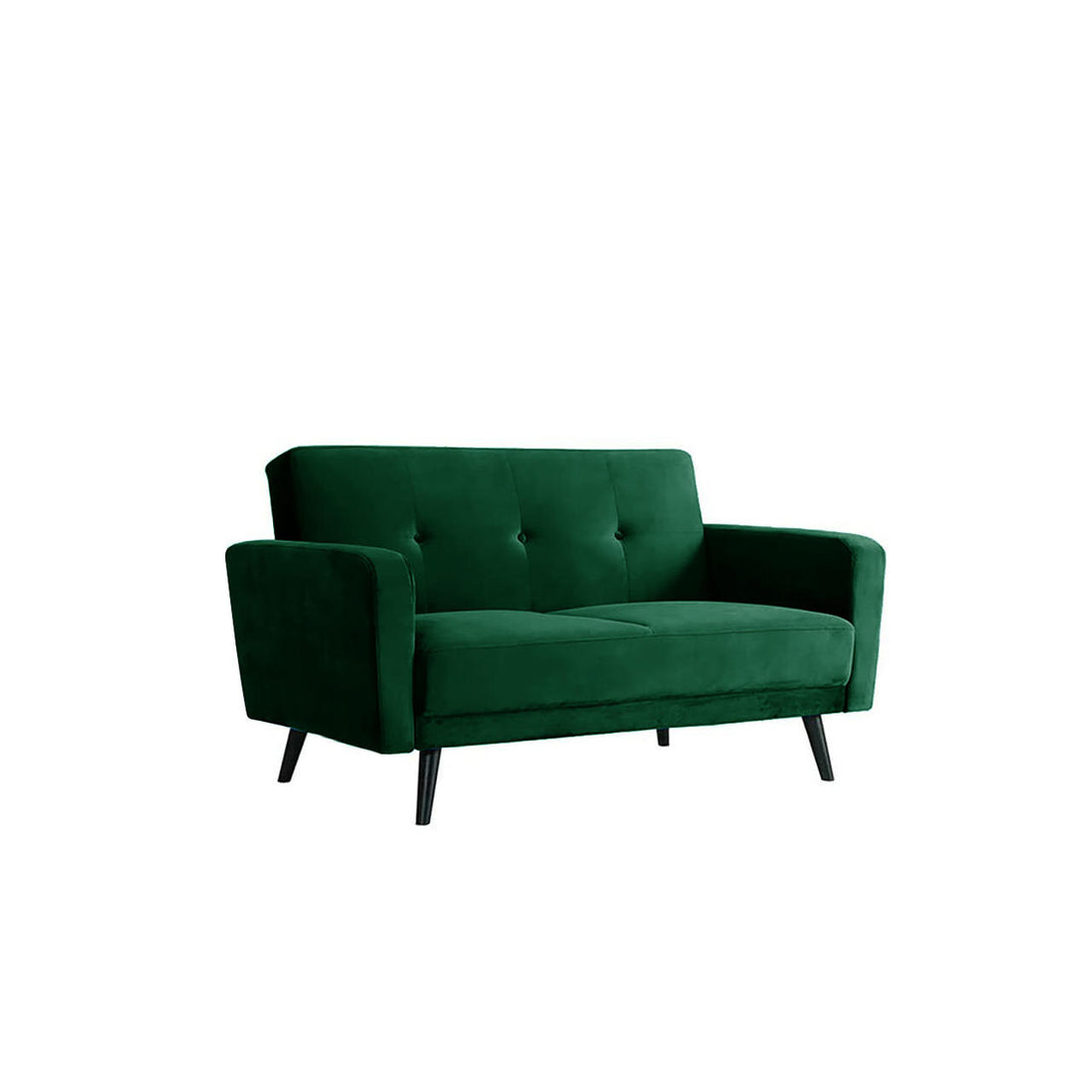 Esben 2-Seater Velvet Sofa Bed in Forest Green, mid-century style with a low angled back, button-tufted accents, rounded arms, smooth seat cushion, and tapered black wooden legs.